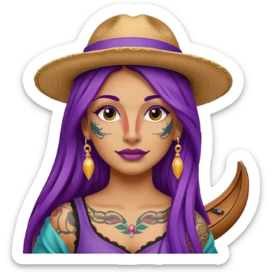 tattoed face venice gondolier with iconic hat woman purple long hair sticker