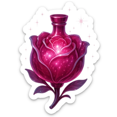 rose-shaped luxurious elixir bottle, deep pink color, iridescent and silver details, ultra intense magical glowing and sparkling effects, very small neck, seamless bottom, transparent background, floating, no base or shadow, modern, matching a collection sticker