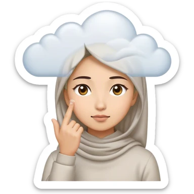 Model: Sticker.a white young asian Muslim woman are thinking something. Her eyes rolling to up right. Her hand touching face. There's emoji cloud to describe what she thinking about. sticker