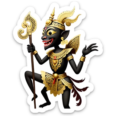 Wayang – Cinematic Realistic Wayang, depicted as intricately carved traditional Indonesian shadow puppets with expressive features and vibrant cultural motifs, set against a dark, dramatic backdrop with subtle glowing highlights that evoke the mystical art of shadow play. sticker