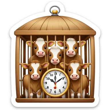 straw-lined cage with calves inside and a small clock sticker
