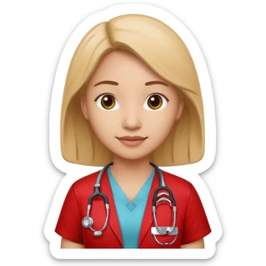 Medical assistant wearing redish scrubs with sethscope  sticker
