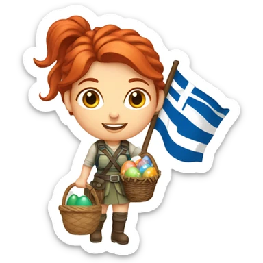 red hair female winter mountaineer with Greek flag and easter basket sticker