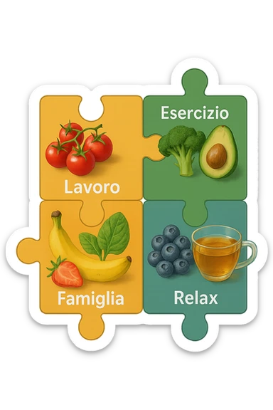 Puzzle (Lavoro, Esercizio, Famiglia, Relax), and healthy foods are integrated into each piece. in italiano sticker