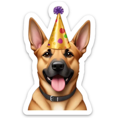 German shepherd tan Pitt bull ears mixed dog wearing birthday hat sticker