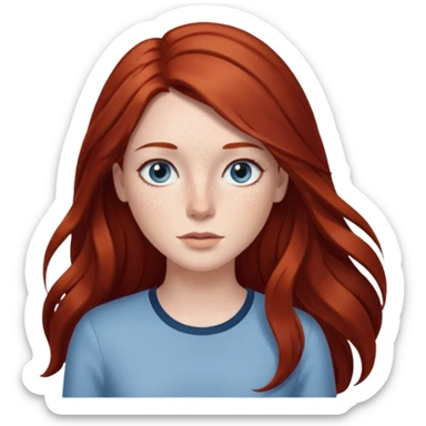 woman with long dark auburn red hair that is mostly straight but has slight waves to it. grey blue eyes. some freckles sticker