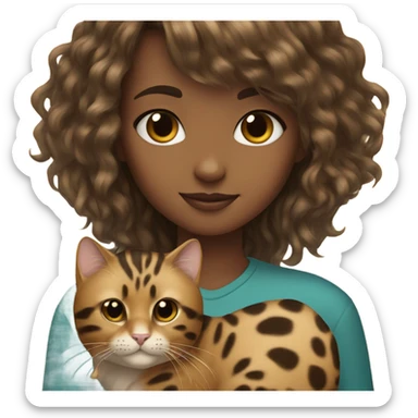 A girl with bangs holding a Bengal leopard cat sticker