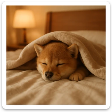 a cute animal tucked under a blanket in bed, cozy and sleepy, warm and soft environment sticker
