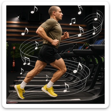 Enhance the image of a man running on a treadmill by adding a visual effect that suggests rhythm and movement, such as dynamic lines or musical notes accompanying his steps. The style should be realistic, inspired by the photo provided. sticker