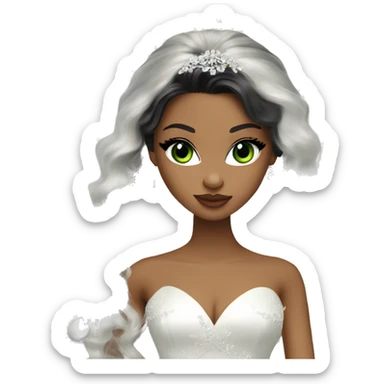 Bratz, bride, black wavy long hair, olive skin, green almond cat eyes sticker