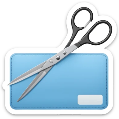 Floating black Scissors cutting a light blue military ID card in 2 parts .hyper realistic sticker