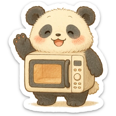 chibi-style microwave oven transformed into a soft, fluffy panda, blushing and waving happily, soft pastel colors, full-body sticker