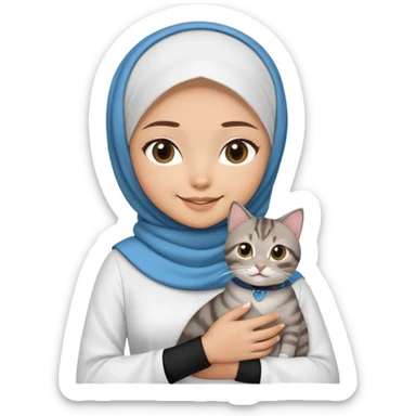 Asian White girl wearing hijab and white dress holding a black grey tabby cat while smiling.  The cat is wearing a blue collar sticker