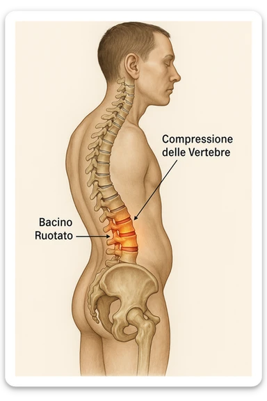 realistic anatomical image: human body profile with rotated pelvis causing vertebrae compression, vertebrae highlighted and captions in Italian, aspect ratio 2:3. sticker