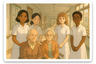 Four nursing students inspired by provided faces, wearing complete white short-sleeve uniforms without stethoscopes, accompanying elderly seated patients, Ghibli style, hospital corridor bathed in light. sticker