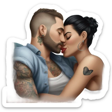 Hyper Realistic beautiful woman in the arms of a very handsome tattooed man kissing on a sofa sticker