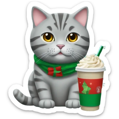 Grey tabby british shorthair cat drinking a starbucks holiday drink sticker