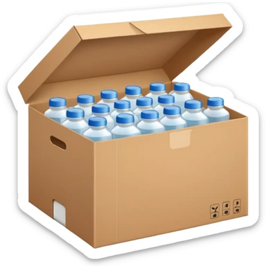 white transparent plastic bottles popping out of a delivery cardboard box sticker
