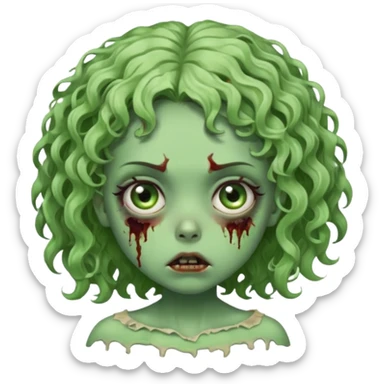 Uma garota zumbi com o cabelo cacheado baixo e mecha descolorida,olho meio grande e bonitos e rosto redondo bem fofinha e linda e com aparência de zumbi verde e meio assustadora com o semblante de cansada sticker