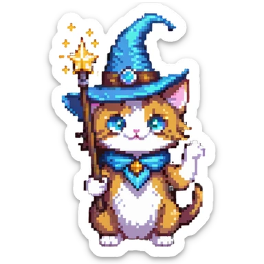 wizard cat with a pointy hat and magic wand sticker