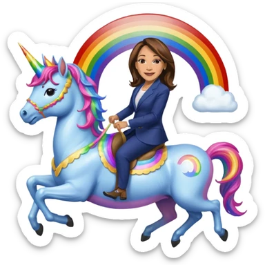Kamala Harris and donald trump riding a rainbow unicorn sticker