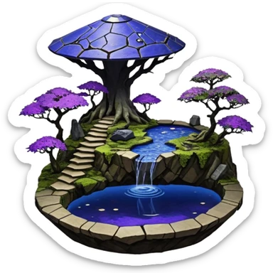 Crashed Alien saucer pool-castle jungle winding footpath mountainside getaway haunted nighttime landscape antique mudman very old broken cracked intricate Stone Age lapis-crusted irregular dodecagon-shaped shallow dark moss rough bark violet flowered maple tree bonsai sticker
