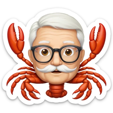 senior lobster with white hair and glasses, elderly lobster character with white eyebrows and whiskers, wearing round glasses sticker
