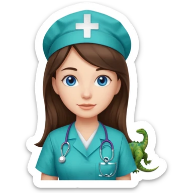 pretty brunette nurse with long hair and blue eyes in dinosaur pattern scrubs sticker