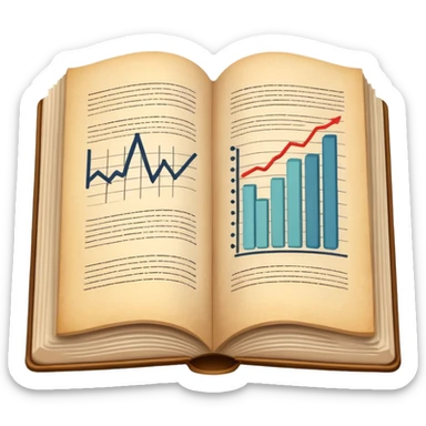 An open book or a stack of books in a simplified form, next to abstract graphs and lines, the image is calm and academic. sticker