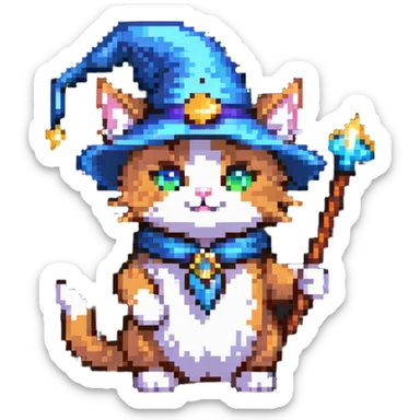 wizard cat with a pointy hat and magic wand sticker