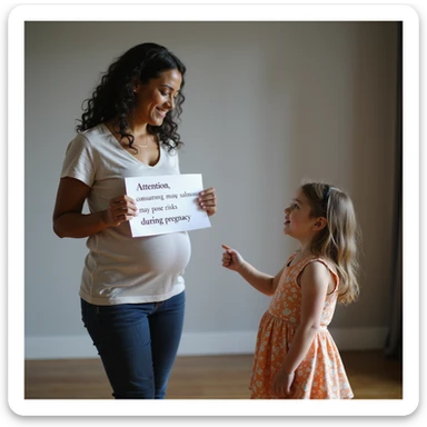 realistic pregnant woman in 4K showing a sign to a little girl and explaining: 'Attention, consuming raw salmon may pose risks during pregnancy' sticker