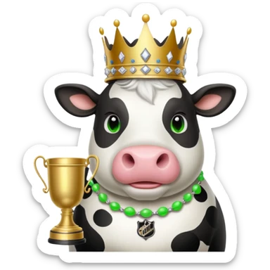 A fat cow wearing wearing a tiara with a Stanley Cup and it’s eyes neon green ￼ sticker