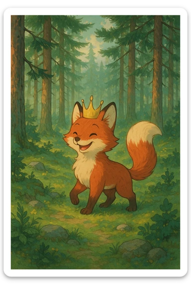 playful red fox with a golden crown, Scandinavian pine forest, dreamy and enchanting mood, Ghibli style sticker