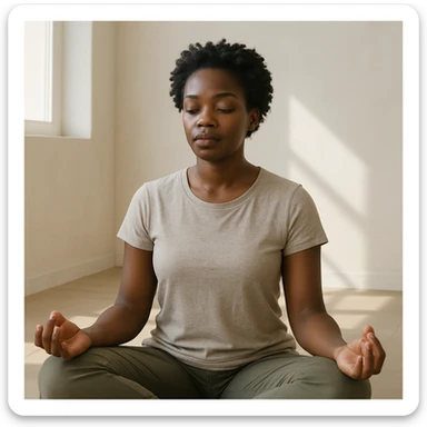 realistic style portrait of a black woman meditating, in a minimalist interior with natural light sticker