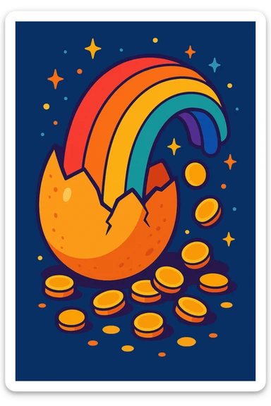 a cracked egg with a rainbow and coins spilling out, magical, vibrant sticker