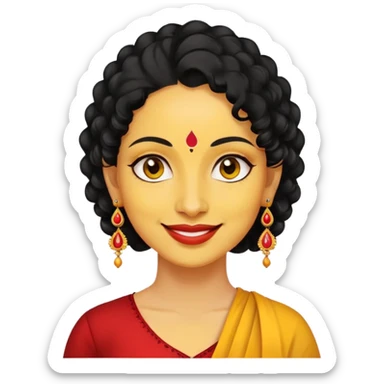 "- Phụ nữ
- 35 tuổi
- Da vàng
- Tóc đen xoăn nhẹ
- Có chấm đỏ Bindi, đeo khuyên tai
- Mặt cười
" sticker