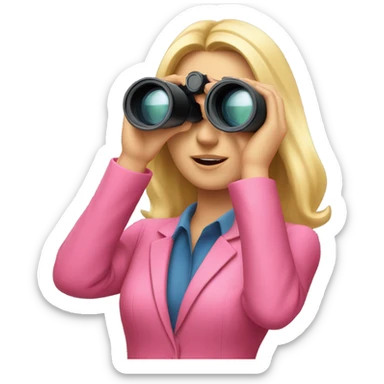 white female employee with pretty face and loose blonde hair wearing intensive color pink suit looking in binoculars. Upper-body only. sticker