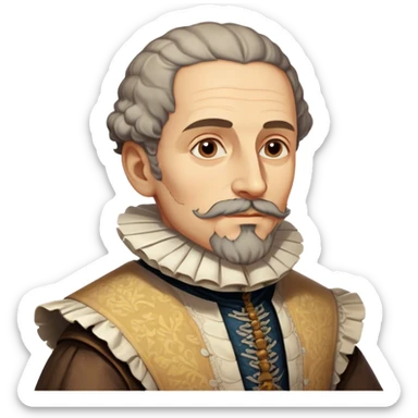 Cinematic Realistic Miguel de Cervantes Portrait Emoji, depicted as a wise thoughtful literary figure in period attire with a reflective gaze, rendered with detailed textures and soft historical lighting that captures his enduring literary legacy. sticker