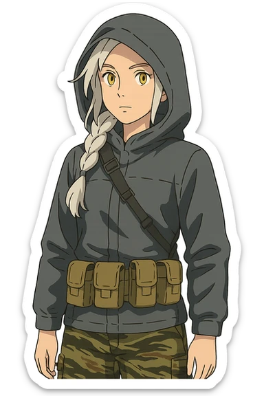1 female, mid-20's  white hair long braid, gold yellow eyes, gray waterproof tactical shirt hoodie, hood up, single point sling, tan mag pouches on belt rig, tiger stripe camo pants,  sticker
