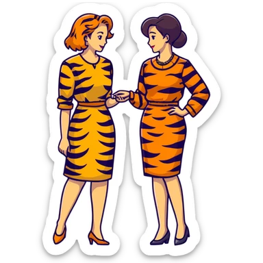 Two women chatting, dressed in leopard print and tiger print dresses sticker