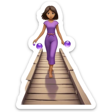 A small figure walks back broken bridge, holding soft 2 violet orbs in hand—symbolizing compassion and forgiveness. A gentle heart aura trails behind them, showing healing in motion. sticker