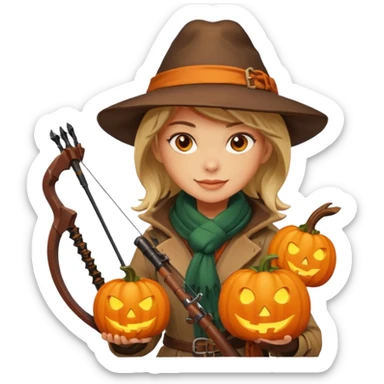 female human monster hunter emoji, wearing brown coat and hat, holding crossbow, soft smile, scarf, glowing pumpkin by her side, Halloween fantasy style, clean vector Apple emoji look, bright colors, white background, square sticker