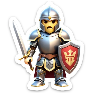 Clash of Clans aesthetic: Cinematic Playful Armored Knight Hero Emoji, rendered in a 3D vector-style similar to standard emojis with minimal shading and bold, simplified shapes. A compact, isometric warrior clad in gleaming plate armor with intricate heraldic details, softly glowing with a chivalrous medieval charm. Simplified yet unmistakably iconic, highly detailed and consistent, glowing with a soft radiant shine and high polish. Stylized with a touch of noble valor and a soft glowing outline, capturing the essence of a gallant knight ready for honorable battle with a friendly, playful manner! sticker