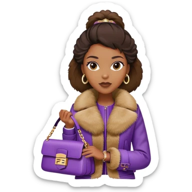 Beautiful black woman wearing a brown monogram Fendi jacket with a fur trim. She is carrying a purple Fendi baguette bag. I want the image to start at her head and end at the chest sticker