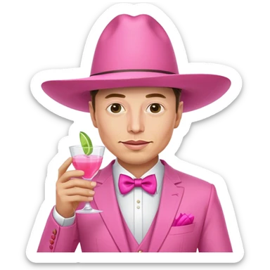 Elon Musk exact looking man in pink sombrero, dressed in an all-pink suit, with one hand holding pink tequila shot sticker