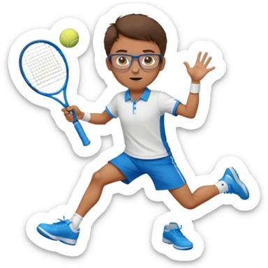 homme l'air cool taille moyenne corpulence maigre cheveux chatain court yeux bleus lunettes photo de pieds en pantalon qui fait du tennis pe sticker