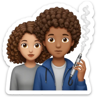 teenage boy with brown skin vaping a brown puff, standing close to a mixed-race girl with beautiful brown curly hair, both look in love, affectionate expression sticker