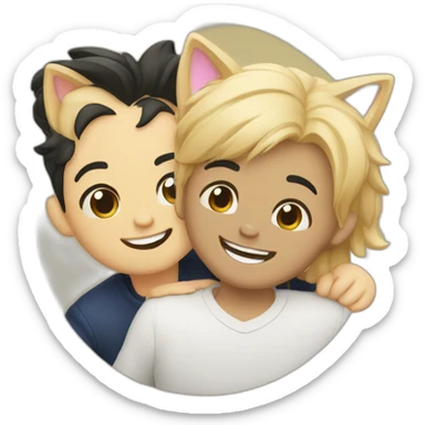 Gay couple, 1 Latino black hair, the other one Australian blonde hair with a cat in the middle laughing sticker