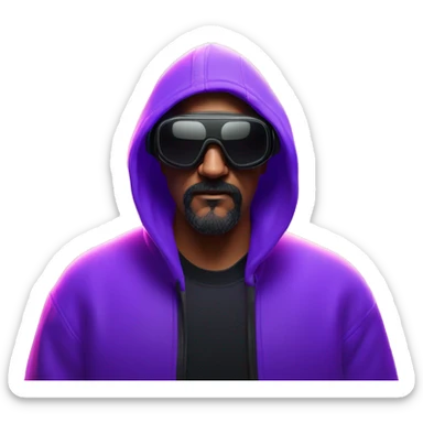 Big Lebowski wearing a black hoodie with "OMG" letters on it and VR headset oculus quest 2 in a cyberpunk VR environment with violet neon lighting. sticker