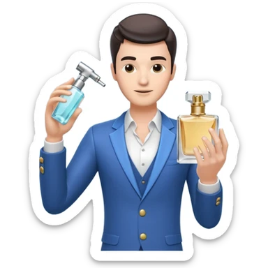 stylish man spraying perfume, holding a perfume bottle, mist spray in the air, elegant pose, 3D cartoon, mobile game icon style, clean background, no text, no watermark

 sticker
